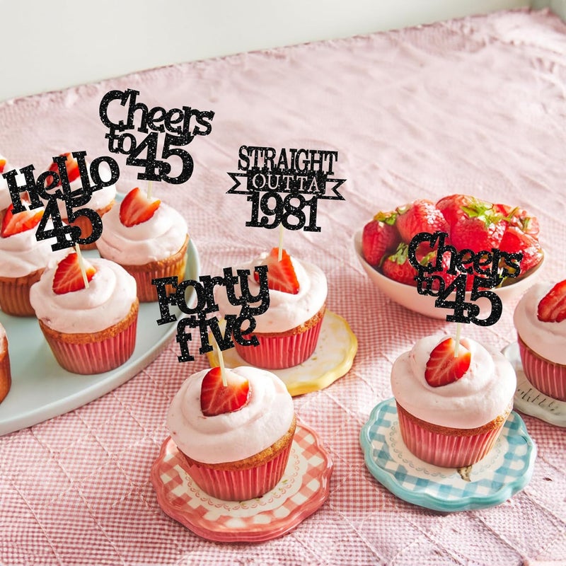 Ephlyn 24Pcs 45th Birthday Cupcake Toppers Glitter Straight Outta 1981 Cupcake Picks Hello 45 Cheers to 45 Years Cake Decorations for 45th Birthday Anniversary Party Decorations Supplies Black - Image 4